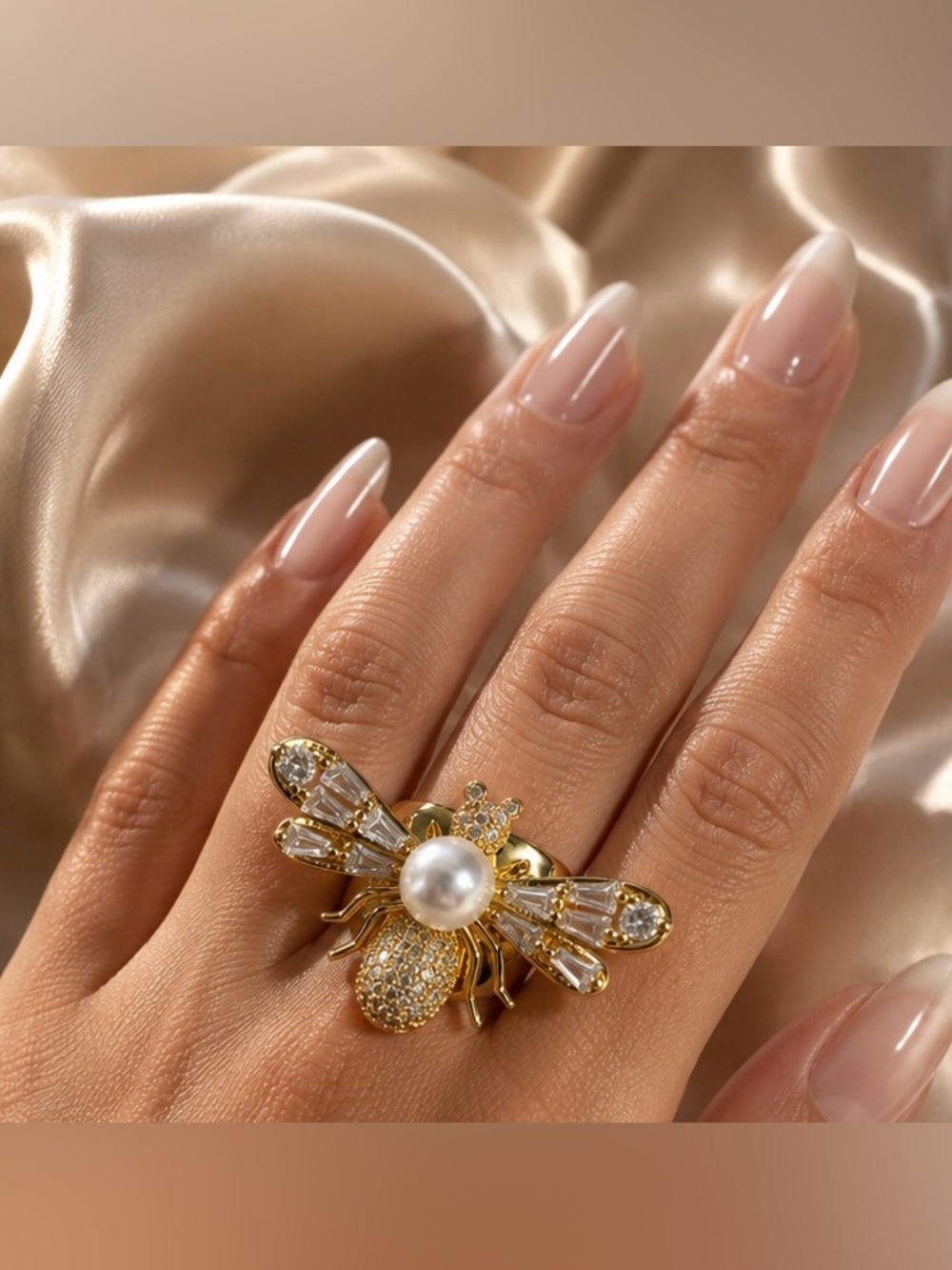 Crystal Bee Pearl Statement Ring Gold Tone Adjustable Cocktail Ring
